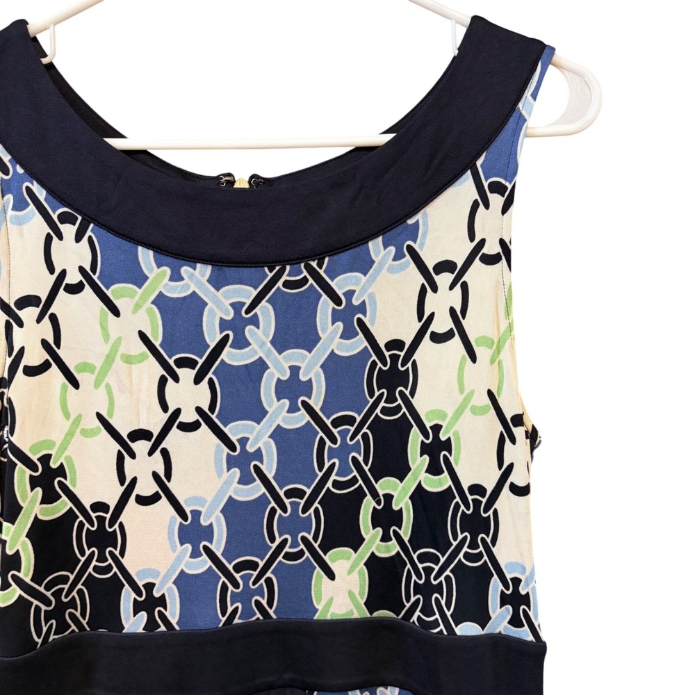 Tory Burch silk Blue Green Chain Link Print Sleeveless Shift Dress Gold Logo Zip - Picture 2 of 6